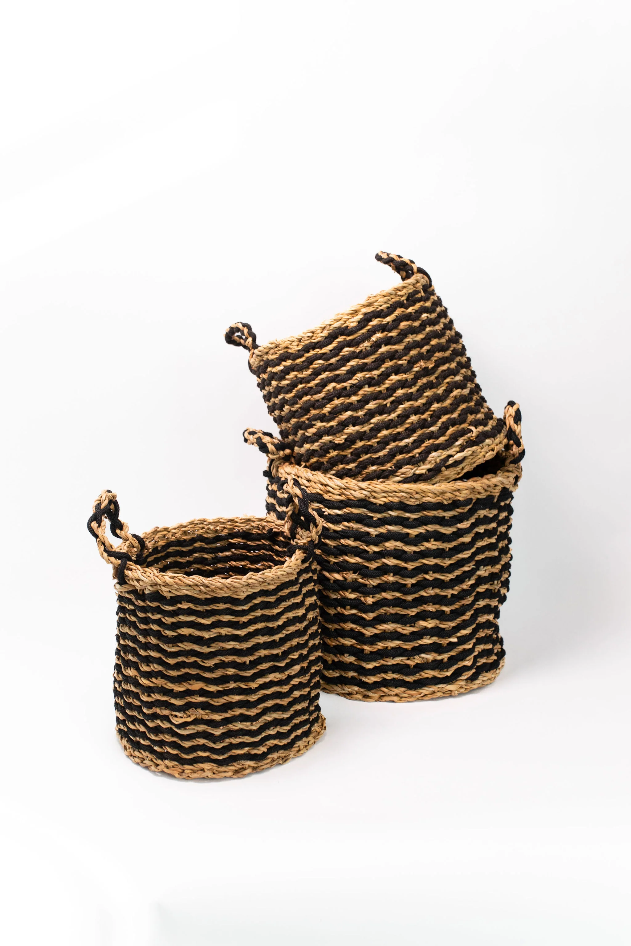 Black Striped Seagrass Baskets - Set of 3 - Image 3